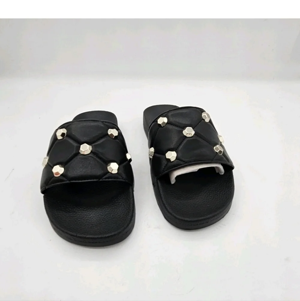 INC Womens Slide Sandals Quilted Peymin Faux Leather Round Toe Slip On Black 6 M
